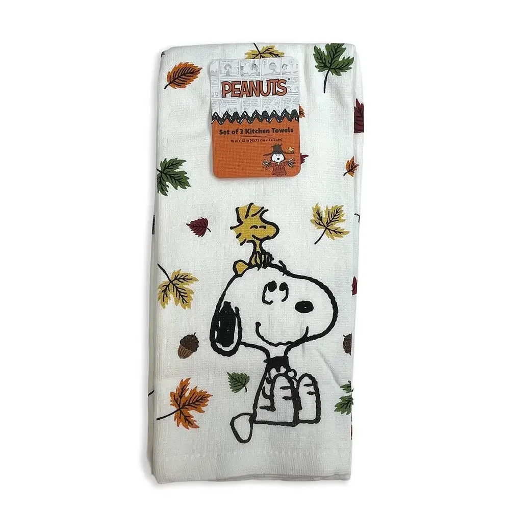 Peanuts Snoopy Woodstock Fall Leaves Kitchen Towel Set New Cotton 18 x 28 2-Pack